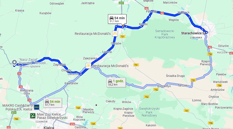 mapa dojazdu Starachowice – Ćmińsk , Ośrodek leczenia alkoholizmu Nasz Zapał Kielce